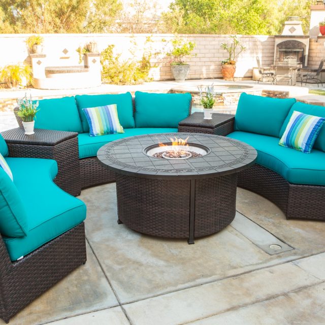 Teal patio furniture, outdoor seating and table