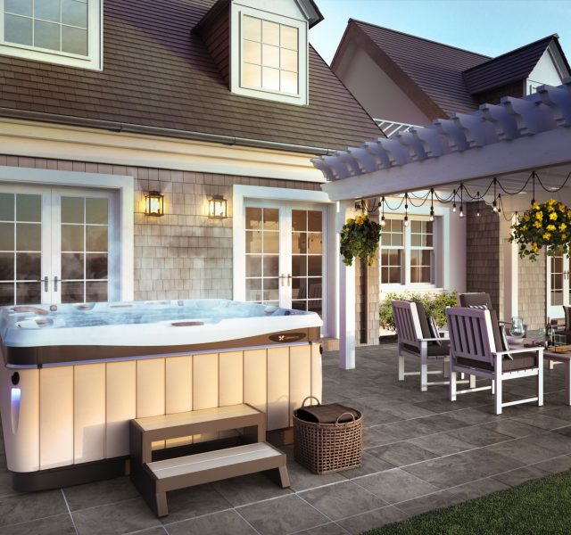 Caldera salt water hot tub out back of house