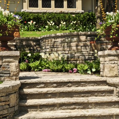 Natural stone steps in landscaped garden